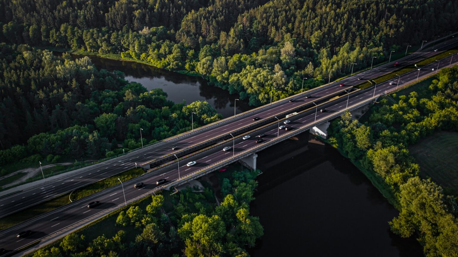 An aerial view of a bridge over a river