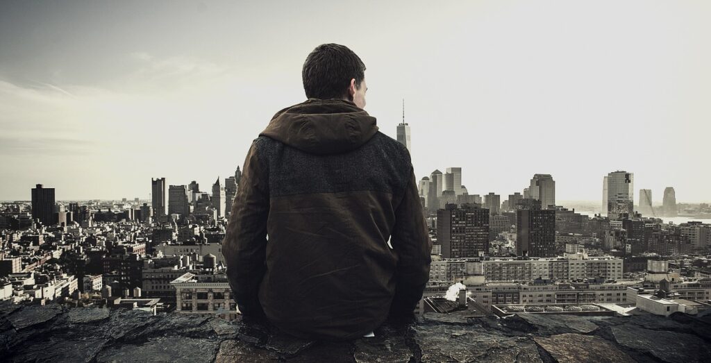 man, sitting, city view, skyline, cityscape, architecture, buildings, city, person, skyscrapers, urban, viewpoint, urban landscape, man, city, person, person, person, person, person