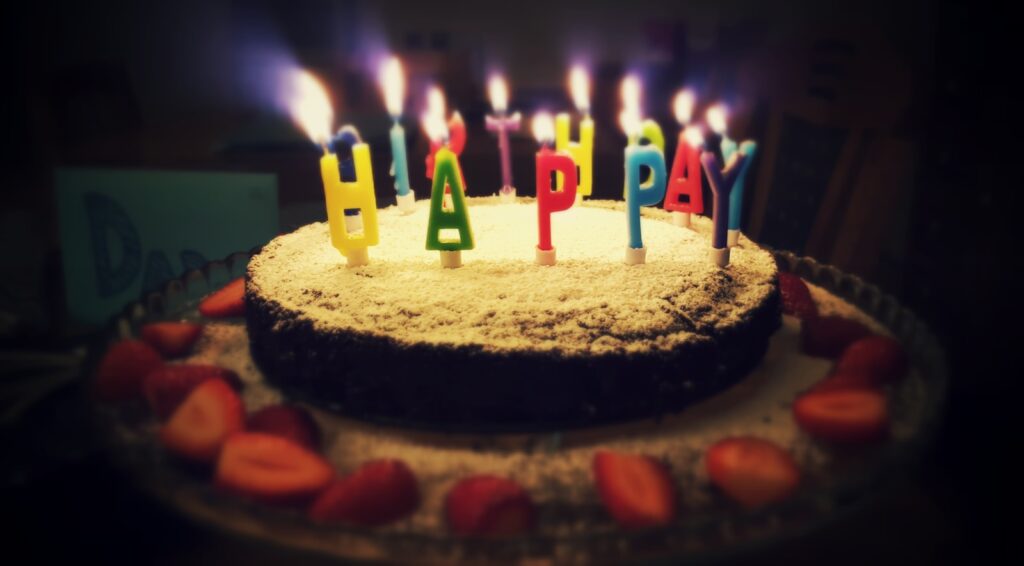 round Happy Birthday cake with lighted candles