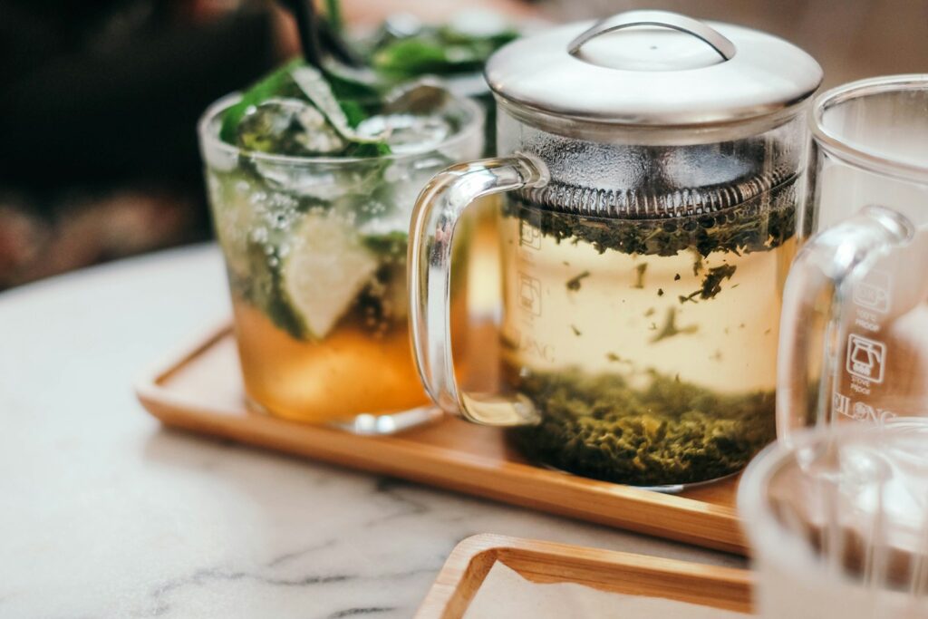 clear glass mug on tray