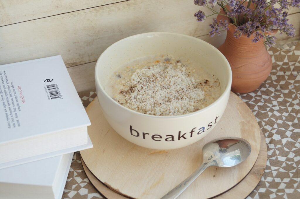 round white ceramic bowl with breakfast print